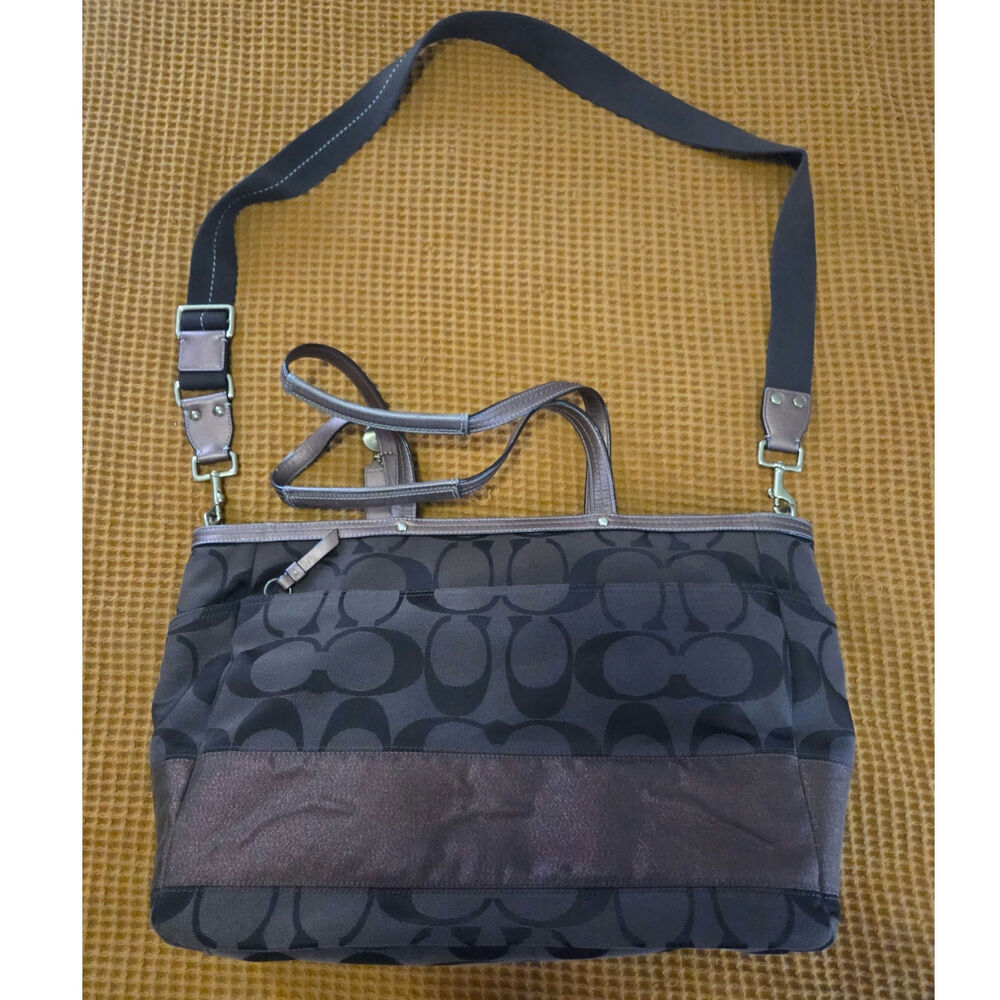 Coach Large Travel Tote Diaper Bag  Brown Shimmer Sparkle Signature Stripe GUC